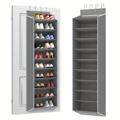Shoe Rack 10-Tier Space-Saving Over-the-Door Organizer for Up to 20 Pairs with 4 Metal Hooks in Gray