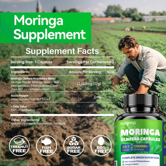 Moringa Capsules 12000mg Organic Superfood Supplement - Antioxidant, Immune Support, Skin Health & Natural Energy for Women & Men - Stimulant-Free Green Superfood Daily Capsules 60-180 Count