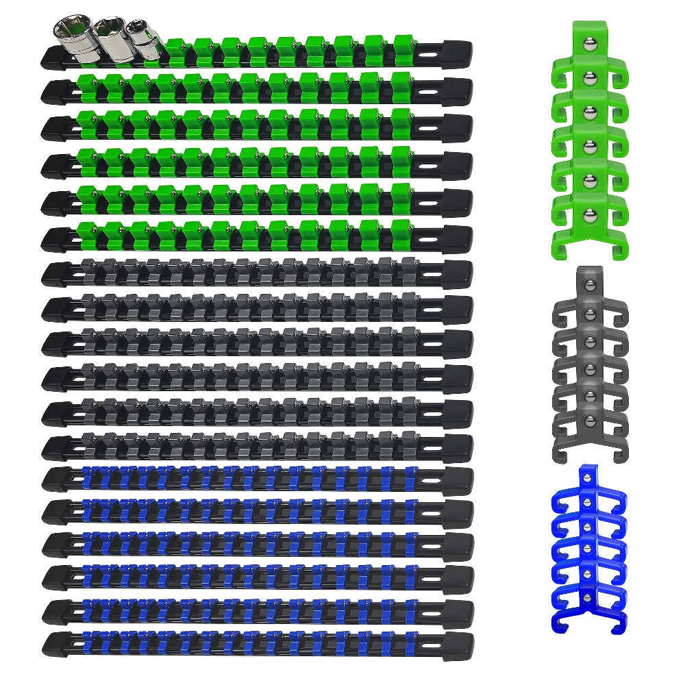 Socket Organizer Set with Rails – Heavy Duty ABS Socket Holder Rack for 1/4", 3/8" & 1/2" Drive – Tool Storage Kit for Toolbox, Garage & Workshop Organization (6, 9 or 18 Piece)
