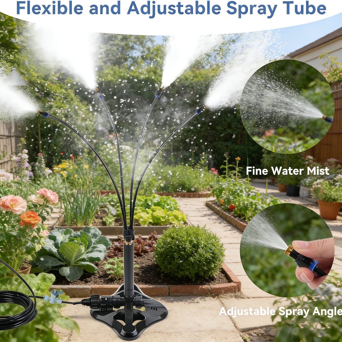 Standing Outdoor Misting Sprinkler with Multiple Flexible Spray Arms and Pictured Patio Base for Garden Cooling