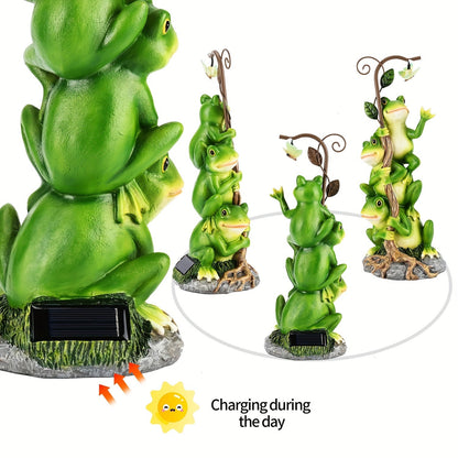 Solar Garden Lights Frog Reading Statue with Lantern, One-Piece Resin Lawn and Patio Ornament
