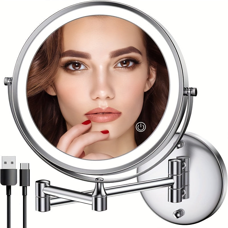 Makeup Mirror Wall-Mounted 8-Inch Dual-Sided 1X and 10X with Three Light Colors, Touch Dimming and USB Charging