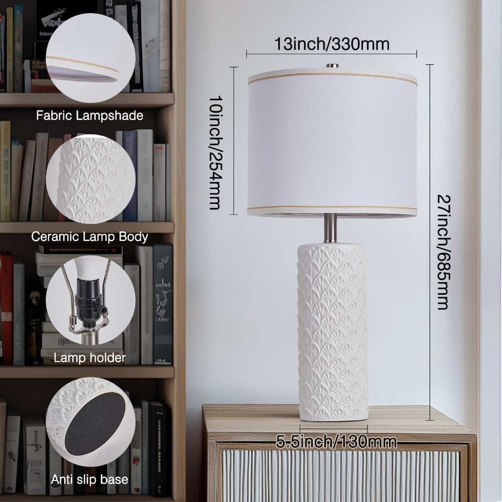 Ceramic Table Lamp – Modern Farmhouse Bedside Lamp with Drum Shade, 3 Color Temperature, Knob Switch, 9W LED Bulb Included, Rustic Nightstand Desk Light for Bedroom Living Room Office Dorm (Multiple Colors)