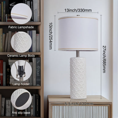 Ceramic Table Lamp – Modern Farmhouse Bedside Lamp with Drum Shade, 3 Color Temperature, Knob Switch, 9W LED Bulb Included, Rustic Nightstand Desk Light for Bedroom Living Room Office Dorm (Multiple Colors)