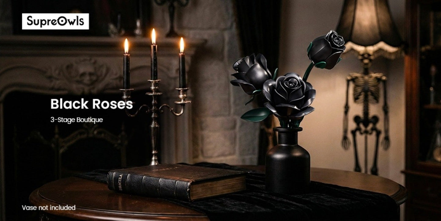 Building Block Set Black Rose Bouquet, 152-Piece Three-Flower Model with Adjustable Stems and Leaves for Display