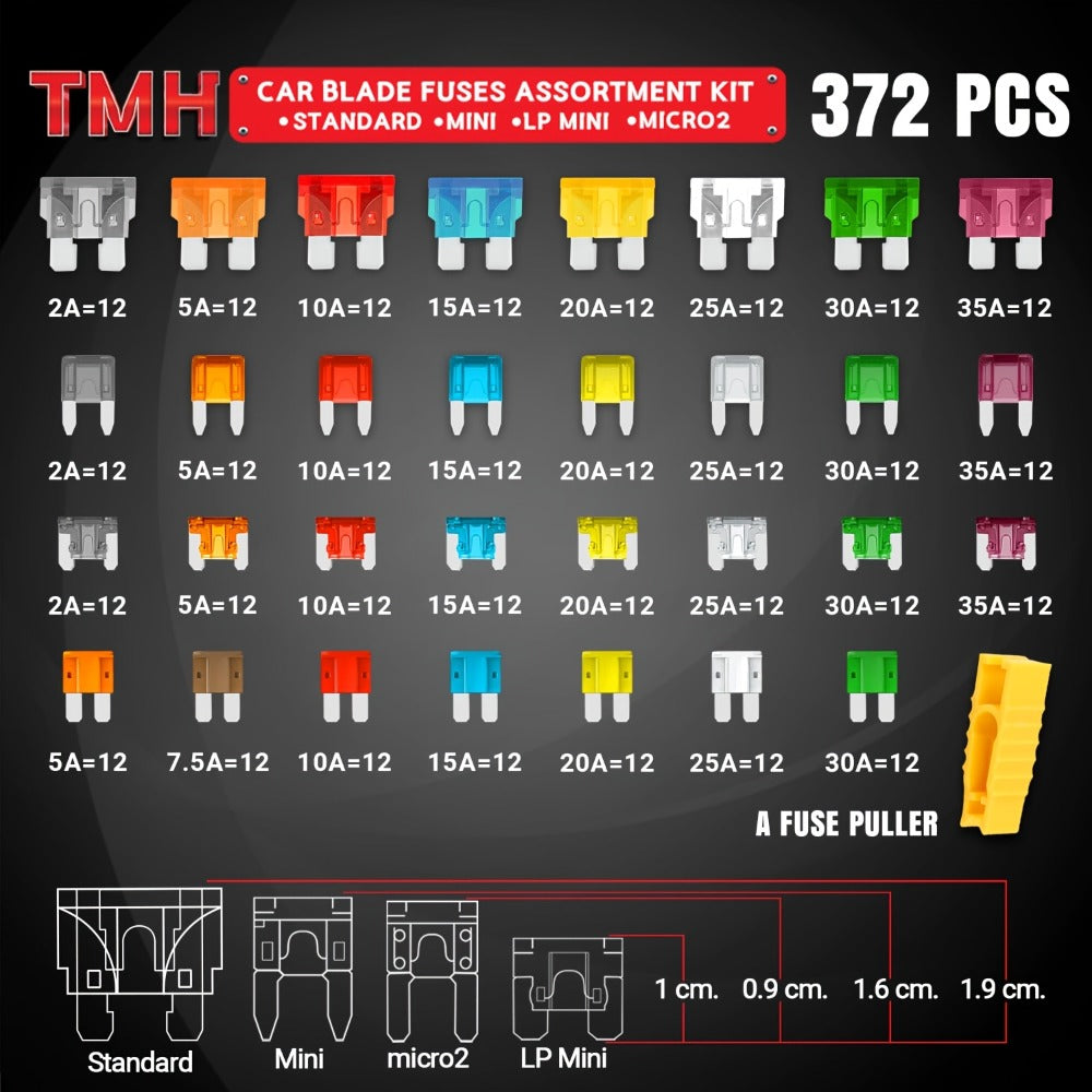 Car Fuse Assortment Kit 372/544pcs - Standard Blade, Mini, LP Mini & Micro2 Automotive Fuses with Puller, 2A-35A for Auto, RV, Truck & Boat
