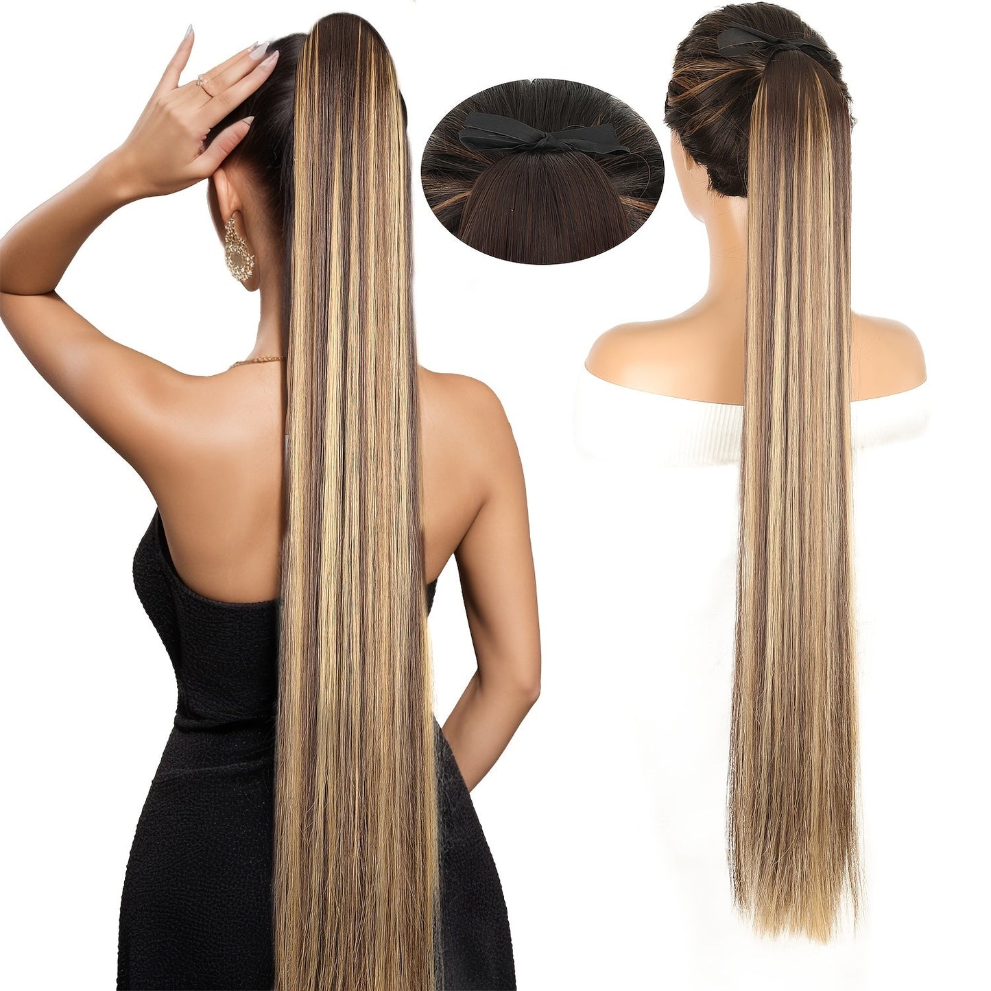 34 Inch Straight Ponytail Extension Ribbon Wrap – Long Sleek High Temperature Fiber Hairpiece for Women | Instant Wrap On Ponytail | Daily Wear Party Wedding | Brown Linen Champagne Olive Mixed
