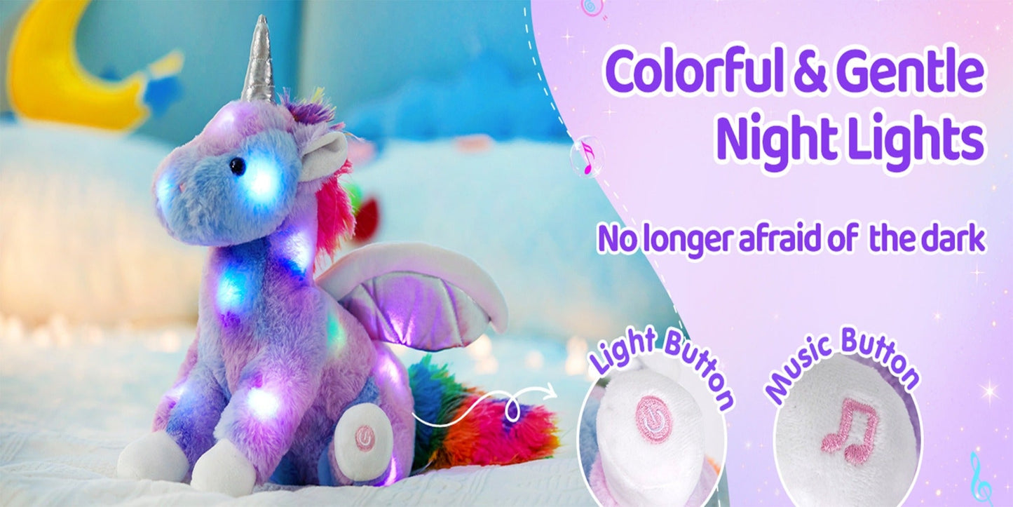 Plush Toy Rainbow Unicorn with LED Glow and Choice of Music or No-Music Light-Up choices for Bedtime