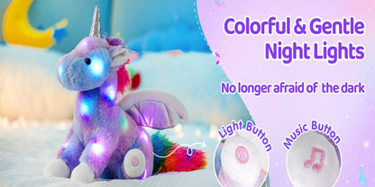 Plush Toy Rainbow Unicorn with LED Glow and Choice of Music or No-Music Light-Up choices for Bedtime
