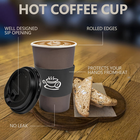 Disposable Paper Coffee Cups 50 Pack 16oz with Lids Sleeves Stirrers Hot Cold Beverage Cup for Coffee Tea Juice Home Office Cafe