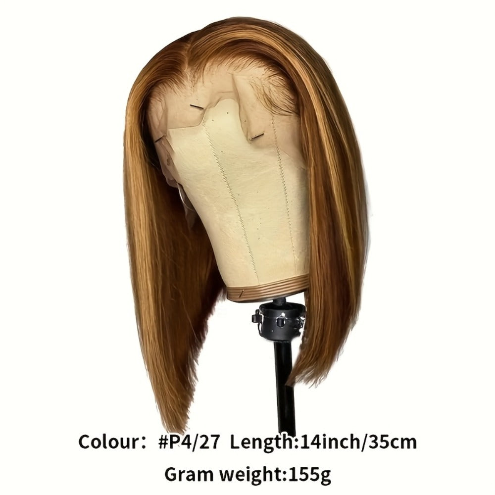 P4/27 Honey Highlight Bob Wig 5x1 Lace Front Short Straight Human Hair 180% Density – Glue Free Wear and Go Pre-Painted Pre-Styled Women 8 10 14 Inch Beginner Friendly