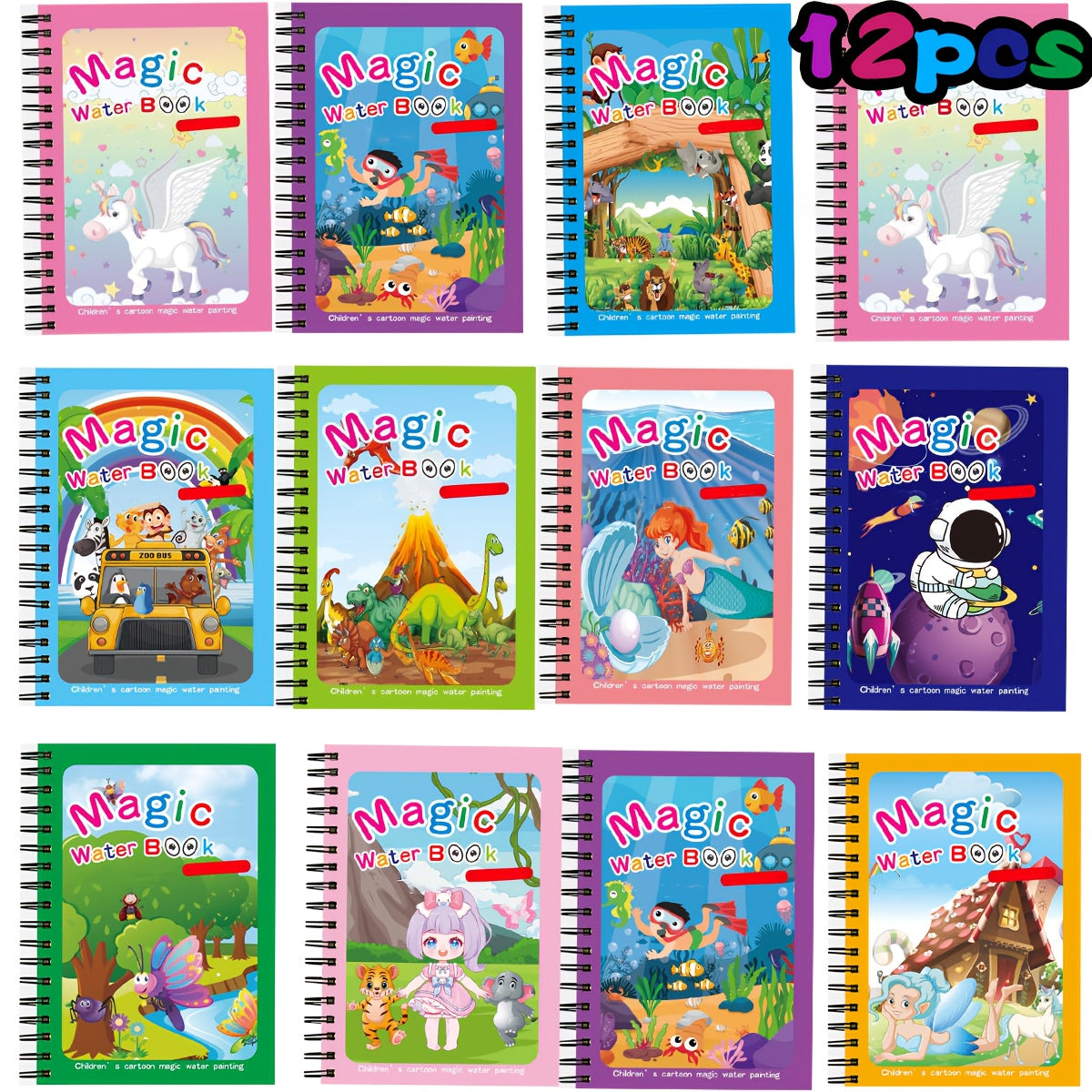 12-Piece Reusable Water Doodle Book Set with Refillable Pens and Assorted Illustrated Themes