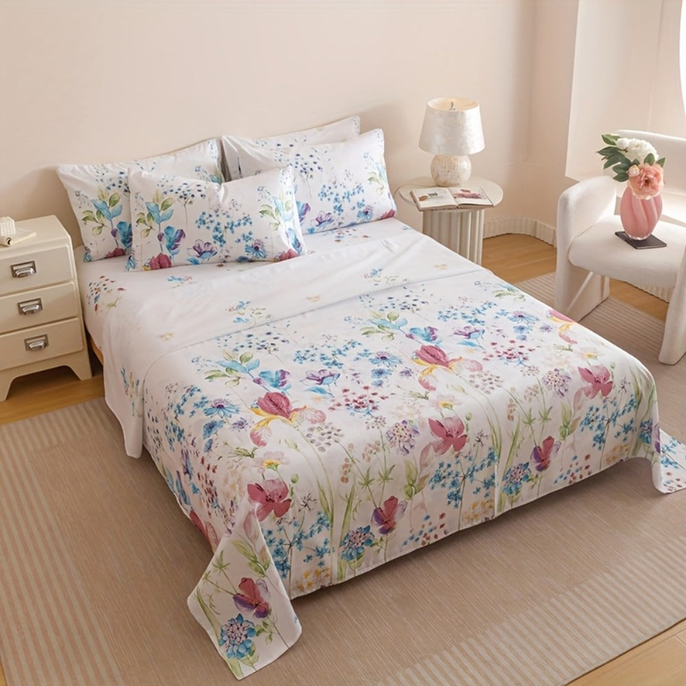 Four-Piece Floral Polyester Sheet Set with Fitted and Flat Sheets, Two Pillowcases and Four Sizes
