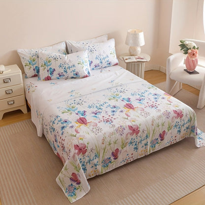 Four-Piece Floral Polyester Sheet Set with Fitted and Flat Sheets, Two Pillowcases and Four Sizes
