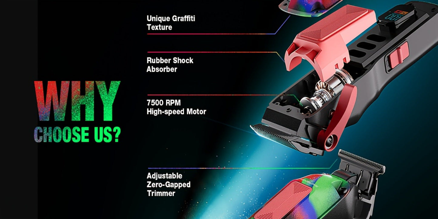 Graffiti Hair Clipper Kit with 7500 RPM Motor, Ten Color-Coded Guide Combs, Storage Case and Grooming Accessories