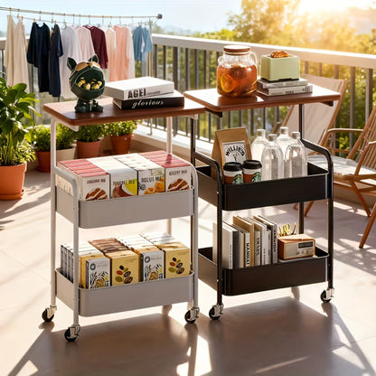 Three-Tier Rolling Storage Cart with Wooden Tabletop, Reinforced Black Frame and Locking Casters