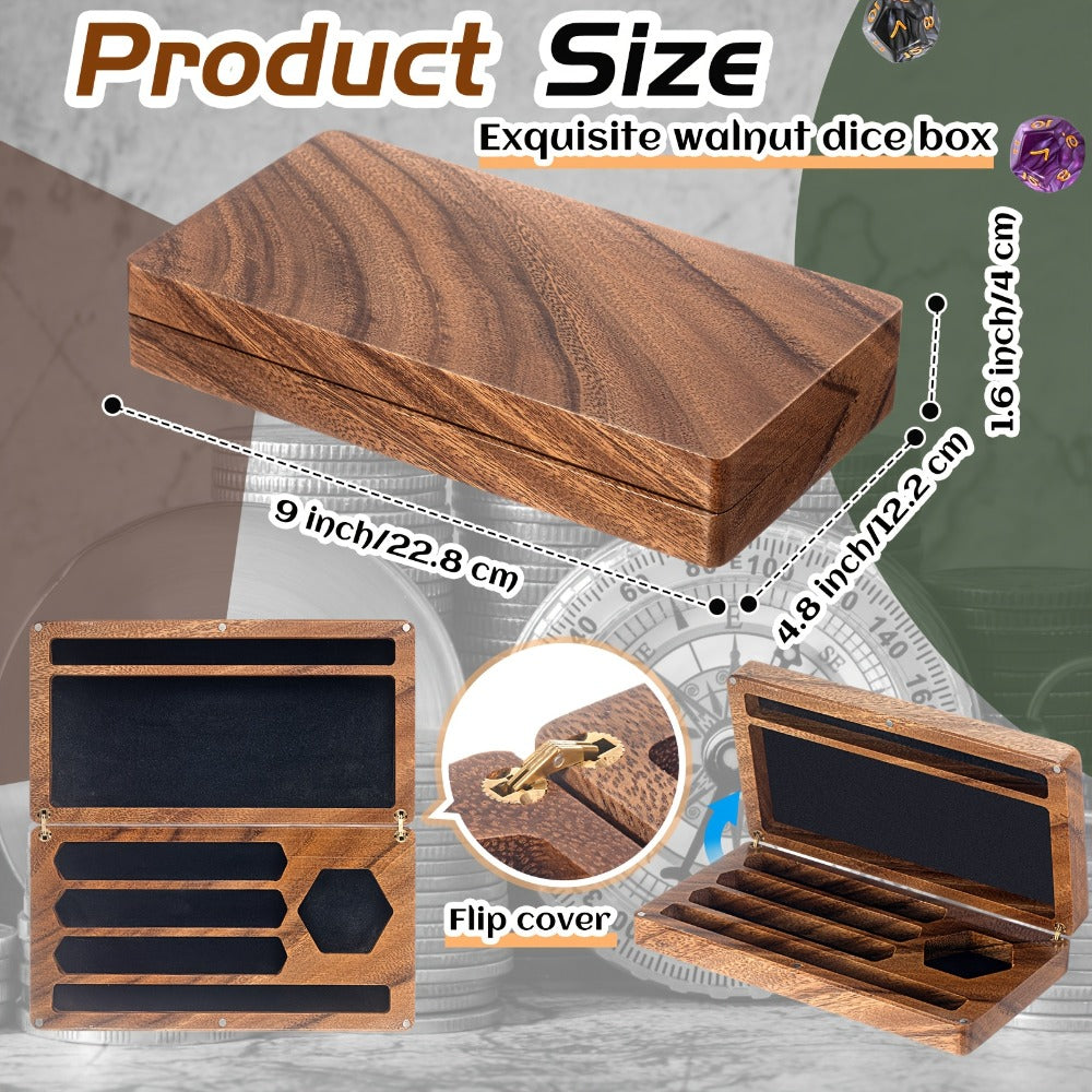 Walnut-Color Wooden Dice Storage Box with Magnetic Flip Lid, Rolling Tray and Phone or Tablet Stand
