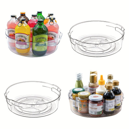 Clear Lazy Susan Turntable Organizer Four-Pack with 11.5-Inch Round Trays, Side Handles and Raised Edges