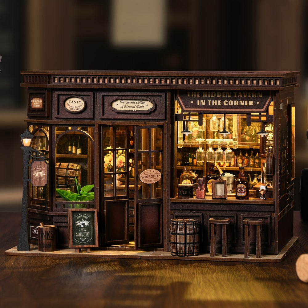 Corner Lounge Book Nook Kit with 327-Piece Tavern Storefront Scene, Illuminated Interior and Touch Switch
