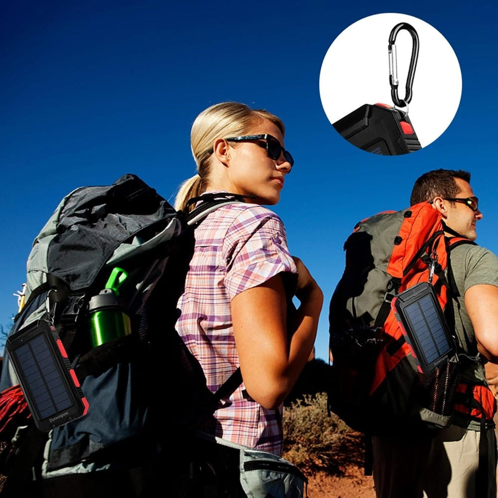 Solar Power Bank 20000mAh Outdoor Portable Charger with LED Flashlight SOS Compass & Carabiner Hook – Dual USB Waterproof Battery Pack for Camping Hiking Backpacking Emergency Survival Gear Gift