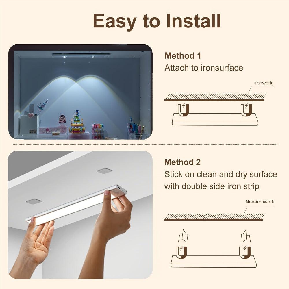 Rechargeable Motion Sensor Cabinet Lights with Dimming and Three Modes in Four Size, Color and Pack Options
