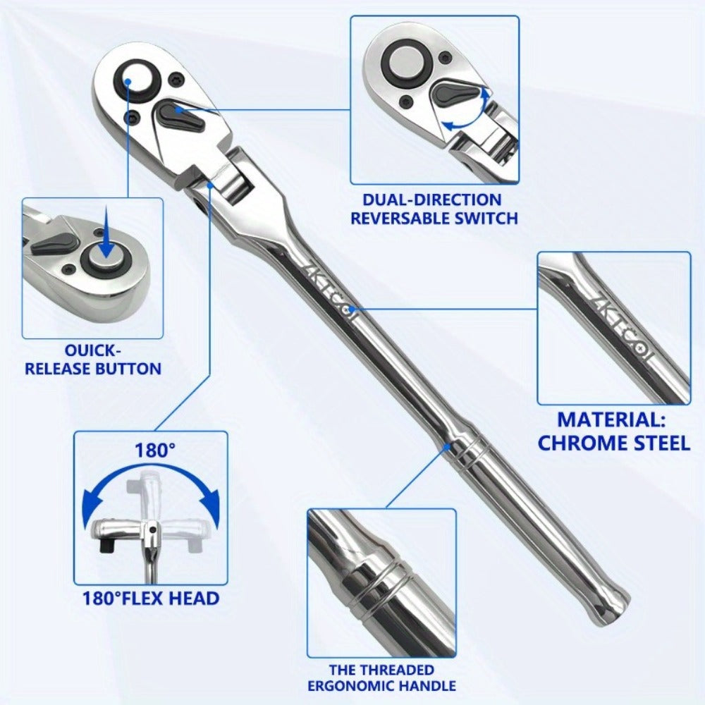 Swivel Head Ratchet Wrench Set – Spring-Loaded Flex Head 1/4" 3/8" 1/2" Drive with Extension Bar, Single or Multi-Pack for Auto & Mechanical Repair