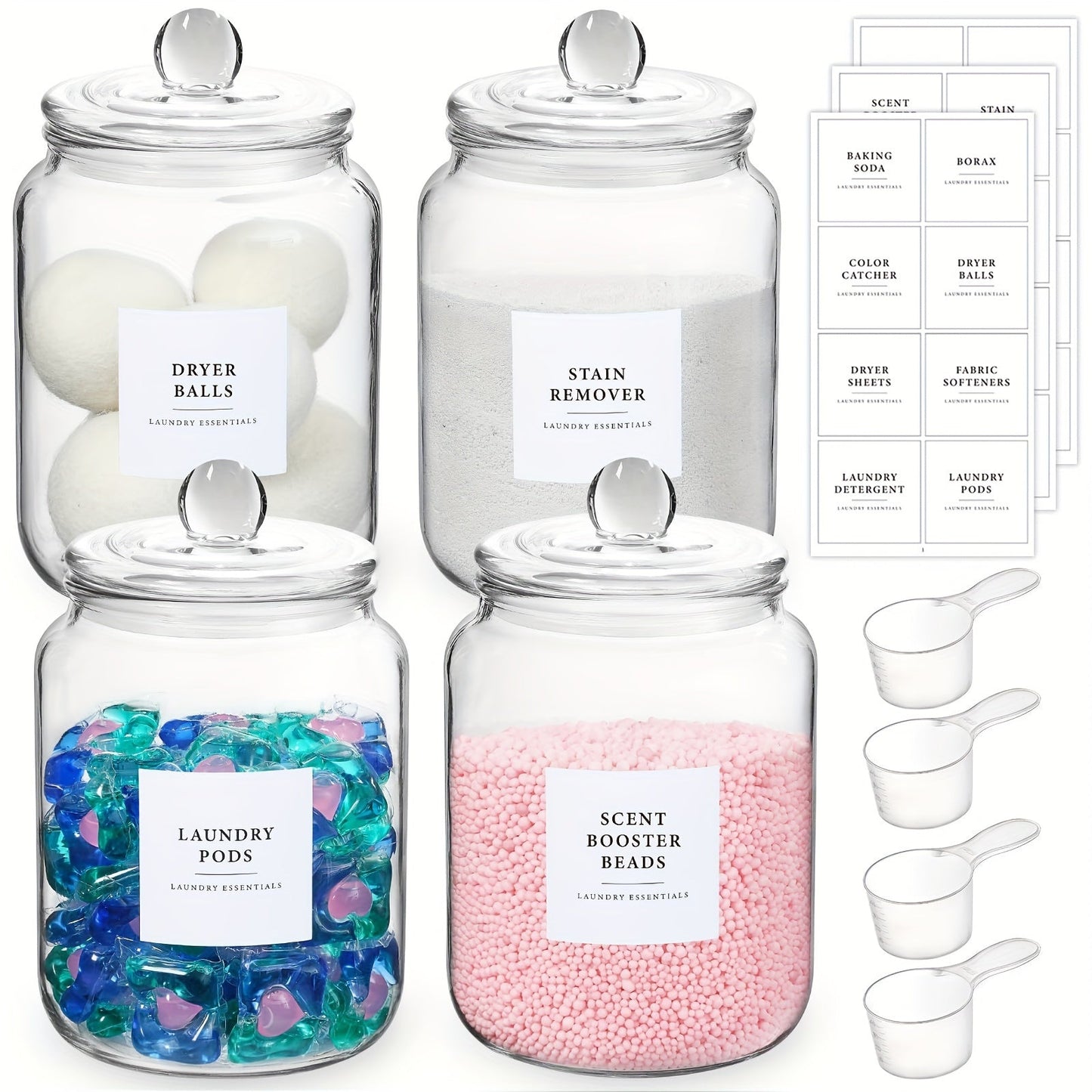 Wide-Mouth Glass Storage Canisters with Lids, Labels and Spoons in Five Pack Configurations