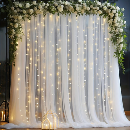 White Sheer Photography Backdrop Set with Two 5.2 x 10 ft Panels, USB String Lights and 10 Clips