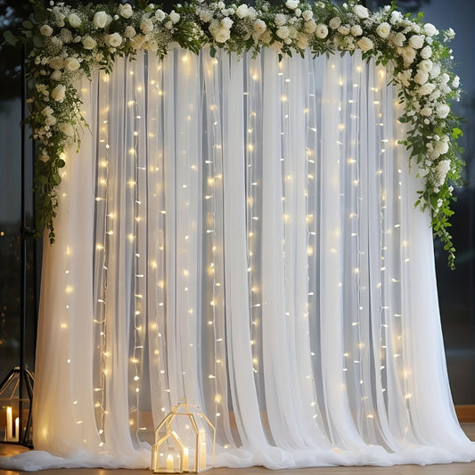 White Velvet Backdrop Curtains with String Lights 2pcs 5.2x10FT Sheer Background Decoration for Wedding Birthday Party Photo Booth Photography Stage Decor USB Powered Fairy Lights Included