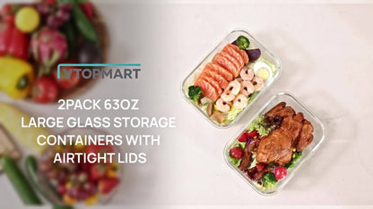 Large Glass Food Storage Containers with Lids 2 Pack – 63oz Borosilicate Glass Meal Prep Containers, Airtight Snap Lids, Oven Microwave Freezer Dishwasher Safe, Leak-Proof Baking Dish Set