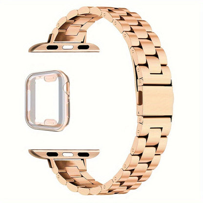 Slim Waist Apple Watch Steel Band & Half Shell Case 3-Piece Set – 2 Stainless Steel Bands + Protective Case Compatible with Apple Watch Series 1–9 SE Ultra 38 40 41 42 44 45 49mm – Gold Silver Rose Black