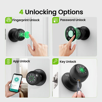 GHome Smart Lock Knob with Fingerprint & Keypad - USB-C Rechargeable, App-Controlled Keyless Entry, Auto-Lock, Passage & Privacy Mode, K10 / K10 PRO / K20 / KD03 PRO, for Home Bedroom Office