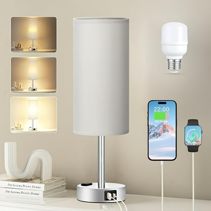Table Lamp with Burlap Drum Shade, Wood Base, Three-Way Touch Dimming, USB-C Port and AC Outlet