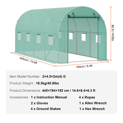 10- to 20-Foot Tunnel Greenhouse with Green Cover, Roll-Up Door and Size-Specific Vent Windows