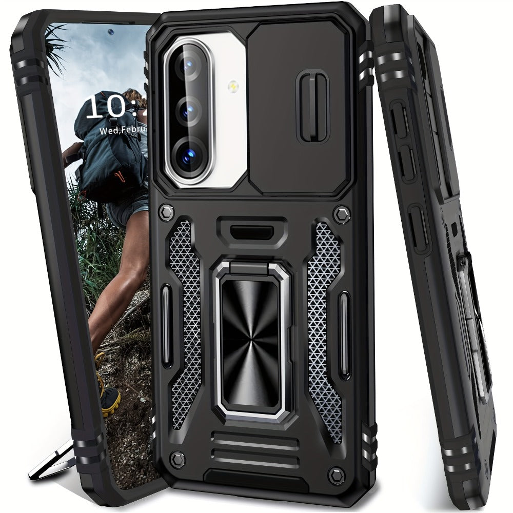 Samsung Galaxy Shockproof Magnetic Phone Case with 360° Rotating Ring Bracket & Sliding Lens Protector – Heavy Duty Cover for S24FE S23FE S22 S21FE Ultra A55 A54 A35 A34 A25 A24 A16 A15 A14 A06 A05 A05S 5G