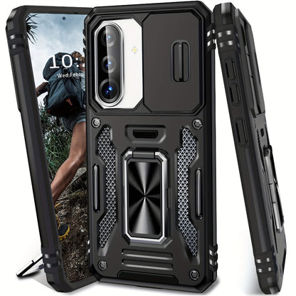 Samsung Galaxy Shockproof Magnetic Phone Case with 360° Rotating Ring Bracket & Sliding Lens Protector – Heavy Duty Cover for S24FE S23FE S22 S21FE Ultra A55 A54 A35 A34 A25 A24 A16 A15 A14 A06 A05 A05S 5G