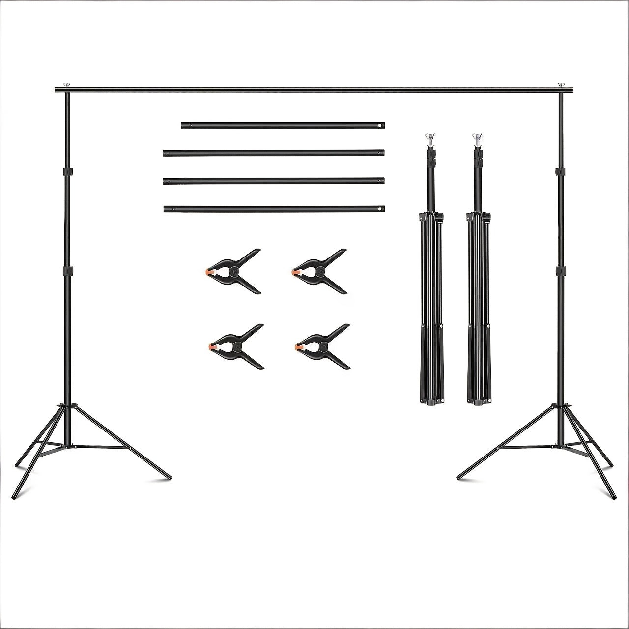 Adjustable Photography Backdrop Stand Kit in 10 x 7-Foot Size with Two Tripods, Four Crossbars, Four Clamps and Carry Bag