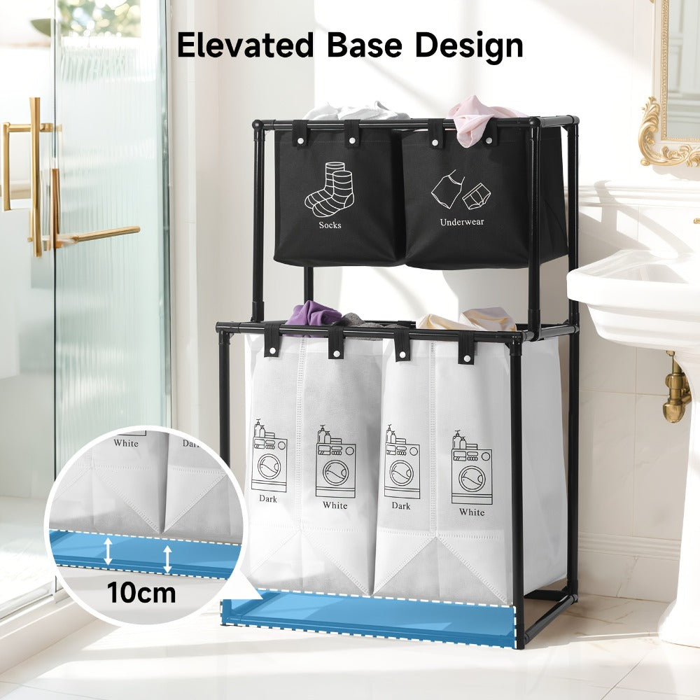 Two-Tier Laundry Sorter Hamper with Upper Compartments, Four Removable Lower Bags and Elevated Frame