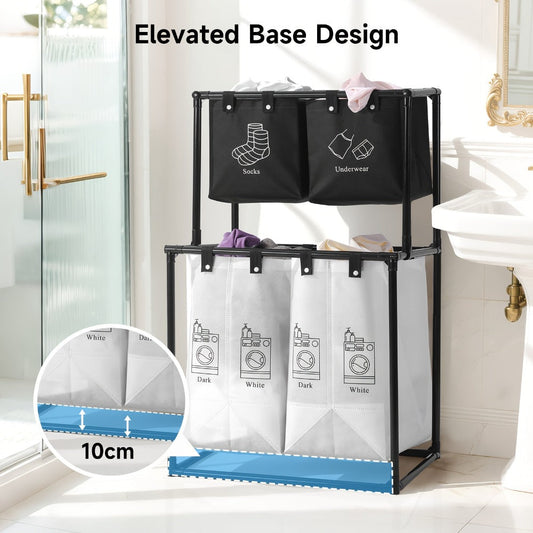 Laundry Sorter 2-Tier with Removable Bins - Collapsible Clothes Hamper Oxford Fabric Double Laundry Basket for Bedroom Bathroom Kids Adults Dorm Travel with 10 Cable Ties