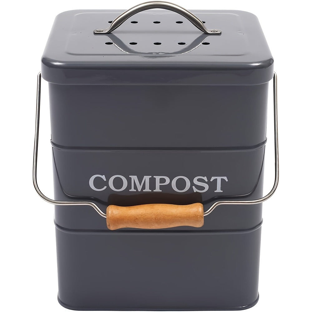 Kitchen Compost Bin 1 Gallon with Charcoal Filter & Wooden Handle, Odor-Free Indoor Countertop Food Waste Bin