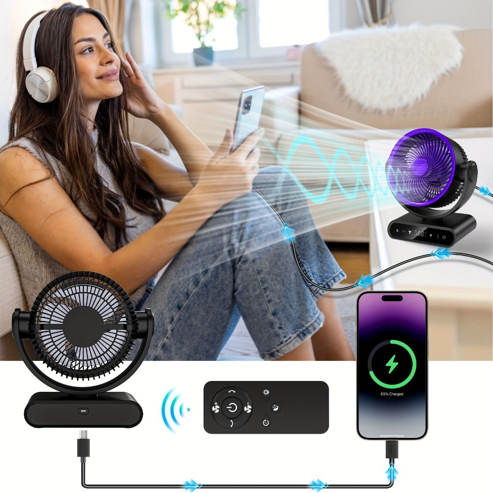 Camping Fan with LED Light Battery Powered 20000mAh 40000mAh 9-Inch 5-Speed Remote Control 90° Tilt 120° Oscillating Quiet Air Circulator for Outdoor Home