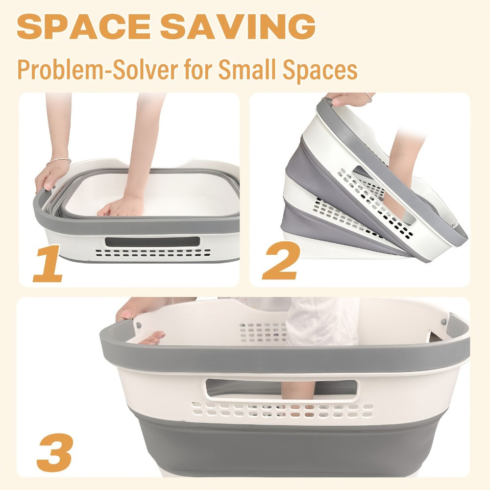Collapsible 43L Laundry Basket in Grey with Carry Handles, Single or 2-Pack Folding Checkout Options