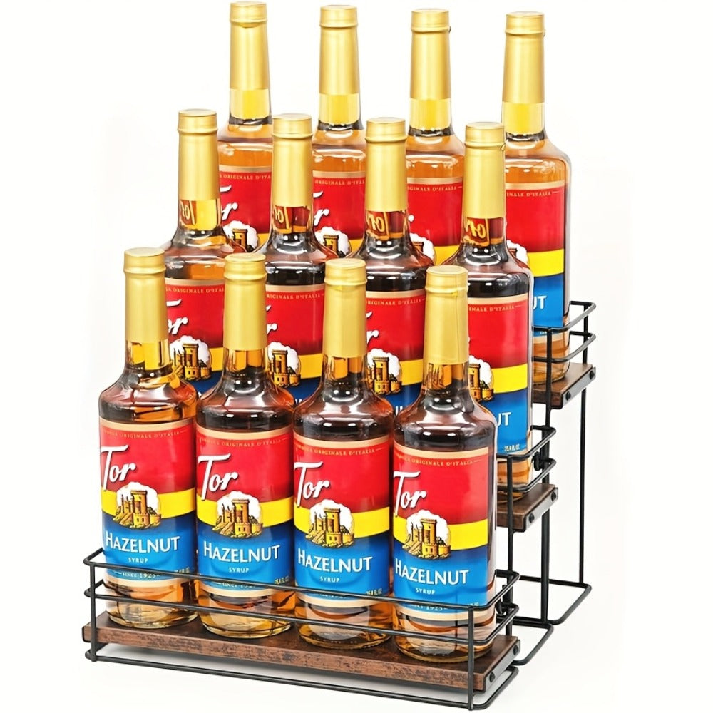Three-Tier Countertop Bottle Rack with Black Metal Frame, Wood-Look Shelves and Twelve-Bottle Layout