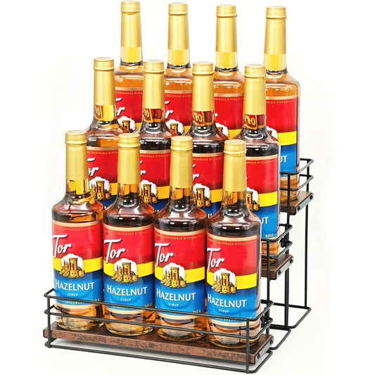 3-Tier Metal Bottle Rack Countertop Organizer – No-Install Syrup Holder for Coffee Bar, Wine & Whiskey Display Stand, Holds 12 Bottles