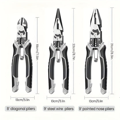 Three-Piece Pliers Set with 8- and 9-Inch Diagonal Cutting, Long-Nose and Combination Wire-Working Tools