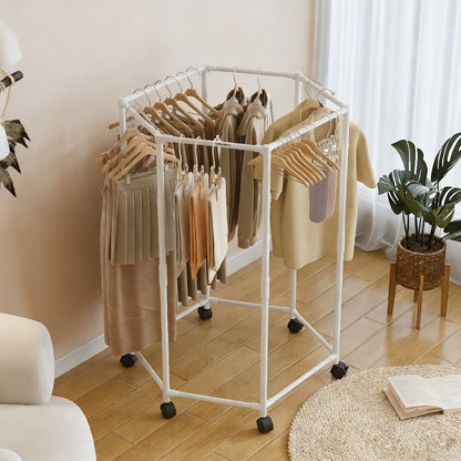 Hexagonal Clothes Drying Rack Freestanding Rotating Metal Garment Rack with Wheels Multiple Rods Space Saving Coat Rack for Bedroom Dorm Balcony Laundry