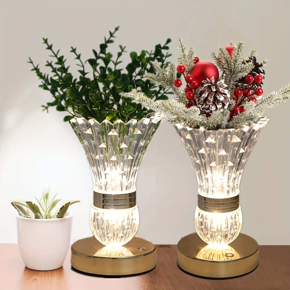 Table Lamp with Crystal Vase Shade, Touch Dimming, USB Rechargeable Power and One or Two-Lamp Options