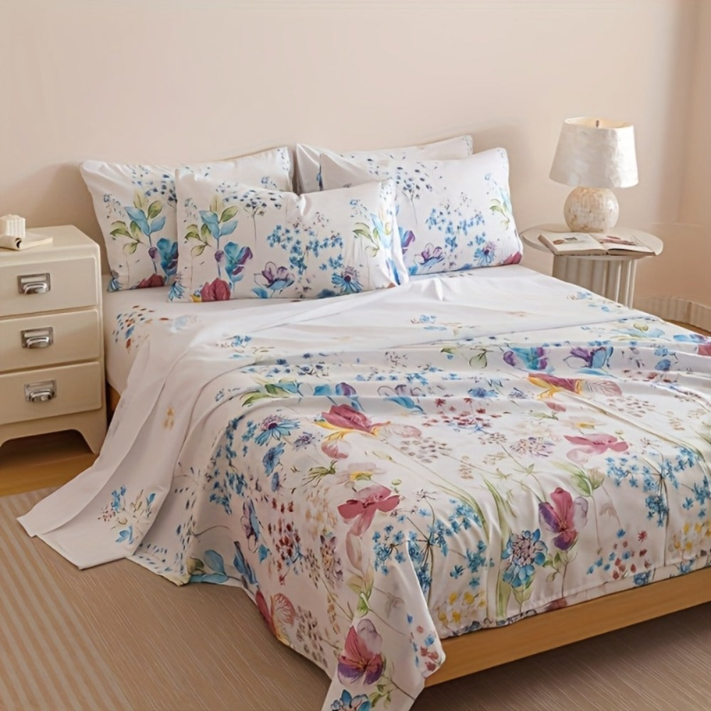 Four-Piece Floral Polyester Sheet Set with Fitted and Flat Sheets, Two Pillowcases and Four Sizes
