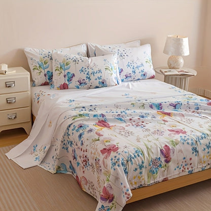Four-Piece Floral Polyester Sheet Set with Fitted and Flat Sheets, Two Pillowcases and Four Sizes