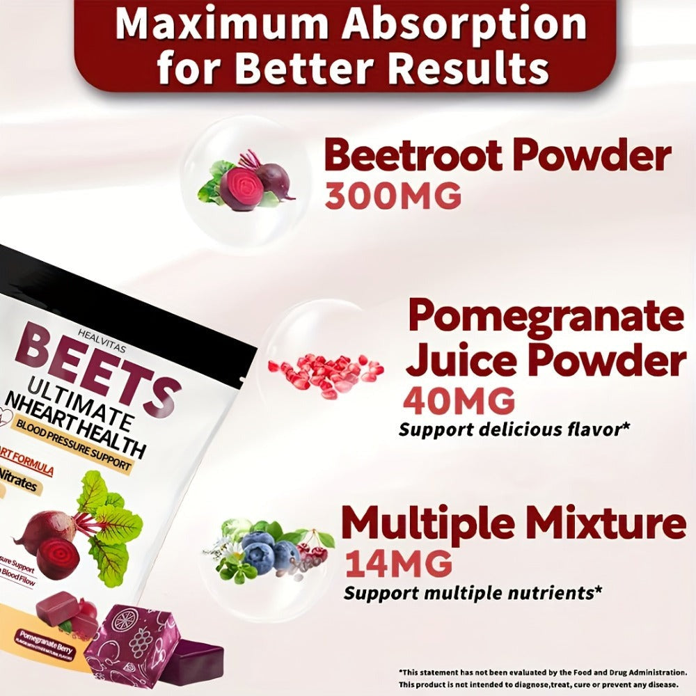 Beetroot Chewable Tablets with Natural Nitrates & Concentrated Beet Root Extract - Supports Circulatory System, Nitric Oxide Production & Cardiovascular Health - Dietary Supplement
